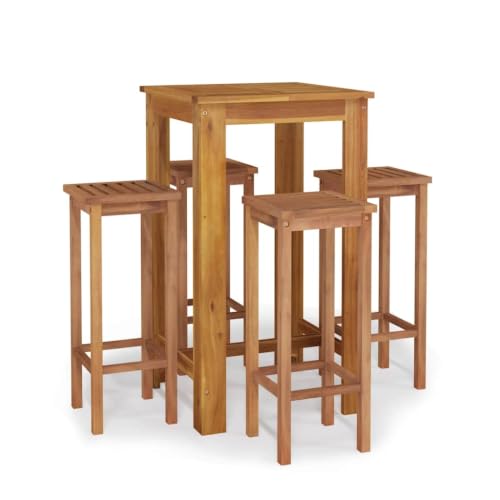 KUPTYERFG 5-Piece Garden Bar Set, Solid Acacia Wood Outdoor Dining Table and 4 Chairs, Brown Square Pub Bistro Furniture Set for Patio, Balcony, and Yard