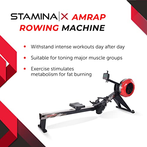 Stamina X AMRAP Rower Machine with Smart Workout App - Foldable Rowing Machine, Black, Red