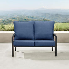 Oakland Living Black Aluminum Patio Deep Seating Outdoor Two Seater Loveseat with Blue Cushions