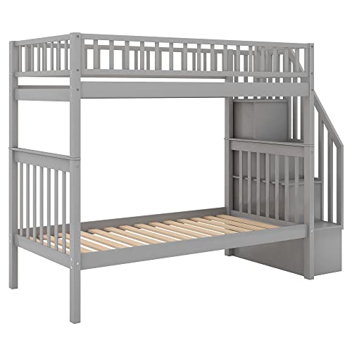 Merax Twin Over Twin Bunk Beds with Staircase and Trundle Grey