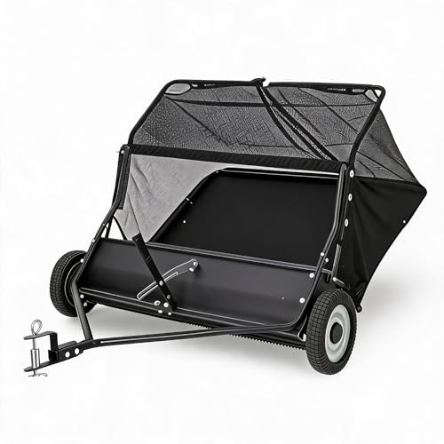 Garvee Lawn Sweeper Tow Behind, 52" Large Leaf Collector with 27 Cu.ft Capacity Hopper Bag, Leaf & Grass Catcher with Adjustable Brush Height & Dump for Yard, Farm, Garden