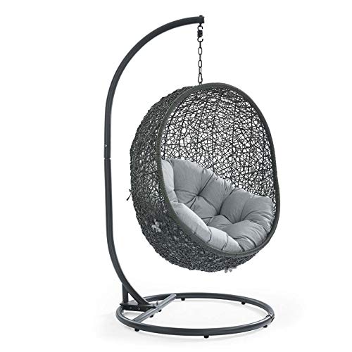 Modway Hide Wicker Rattan Outdoor Patio Porch Lounge Egg Swing Chair Set with Stand in Gray