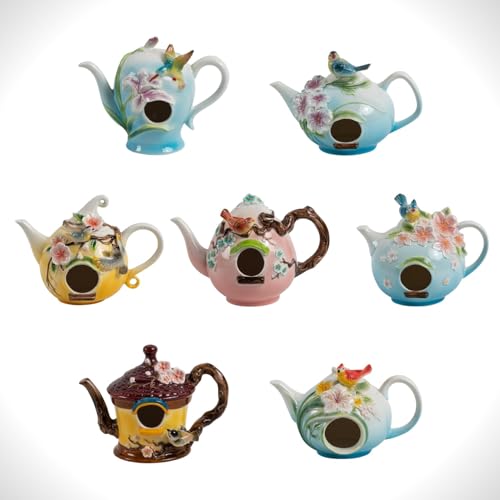 Hanging Porcelain Teapot Birdhouse Collection, Hanging Garden Decor with Birds and Flowers, All Hand-Painted, Includes Metal Chain and Hook (Set of All 7 (1 of Each), Standard)