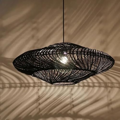 zhongheng Woven Rattan Pendant Light, Wicker Pendant Light with Included Bulb, Open Weave Flat Dome Boho Farmhouse Coastal Hanging Lamp for Kitchen Island Dining Room Entryway(Black,23.6in)