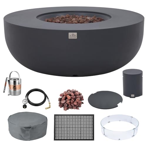 AMS 44" Round Concrete Propane Gas Fire Pit Table Bowl (Dark Gray, Bundle)