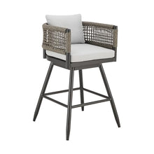 Armen Living Alegria Outdoor Patio Swivel Bar Stool in Aluminum with Gray Rope and Light Gray Cushions