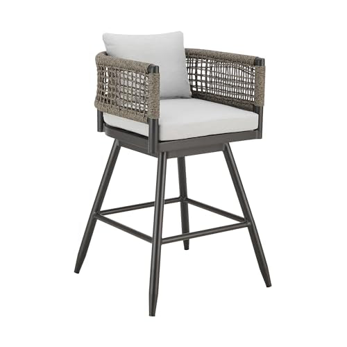 Armen Living Alegria Outdoor Patio Swivel Bar Stool in Aluminum with Gray Rope and Light Gray Cushions