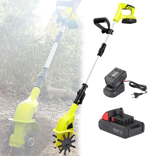 Electric Garden Rotavator, Cordless Tiller Cultivator with 2×4000mah Battery and Charger, 10.5cm Tilling Width, 25cm Working Depth for Soil Cultivation