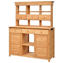 Roomfitters 66 Inch Tall Garden Potting Bench with Hutch and 6 Drawers, Fir Wood Storage Workstation, Natural