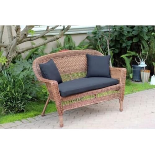 Jeco Honey Wicker Patio Love Seat with Black Cushions & Pillows - Outdoor Furniture