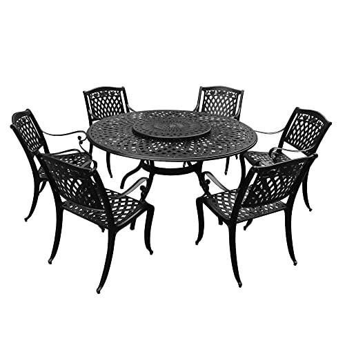 Oakland Living Modern Ornate Outdoor Mesh Aluminum 59-in Black Round Patio Dining Set with Lazy Susan and Six Chairs