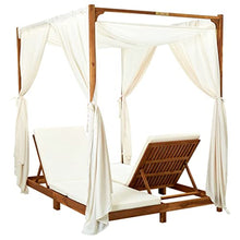 Xolmizyn Double Sun Lounger with Canopy and Curtains, Solid Acacia Wood Outdoor Daybed for Garden Patio, Adjustable Headrest Foldable 2-Person Lounge Chair, Cream White