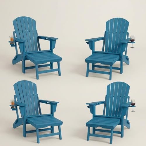 Reljofum Outdoor Rocking Chair Set of 4, HDPE Adirondack Rocking Chair Folding Design, 4-in-1 Patio Rocking Chairs with Ottoman and Cup Holder, Heavy Duty Porch Rockers for Lawn Garden, 4 Pack Black