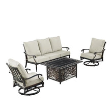 Black Aluminum Patio Fire Table Set with Deep Seating Sofa with Cushion and Two Club Chairs with Light Grey Cushions