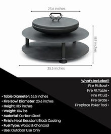 eldimer no.06 - Wood Burning Carbon Steel Fire Pit with Table - 23.6" Bowl and 35.6" Table - Industrial Outdoor Fire Bowl for Backyard and Patio