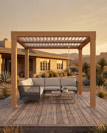 10' x 10' Louvered Pergola Aluminum, Outdoor Pergola with Adjustable Louvered Roof, Reinforced Aluminum Frame, Integrated Drainage System, for Patio, Deck, Woodgrain