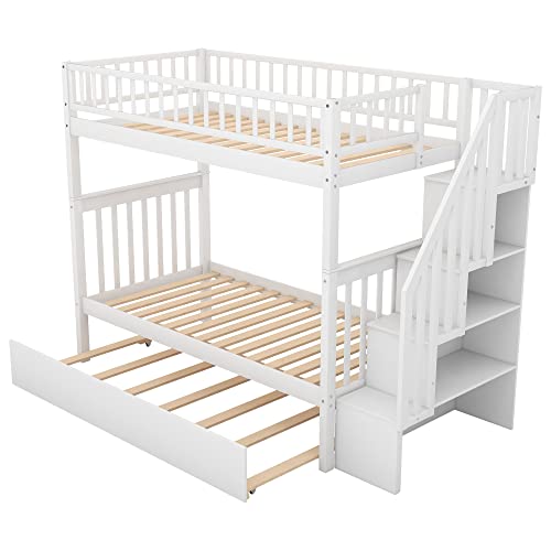 YOPTO Twin-Over-Twin Bunk Bed with Trundle and Storage Shelves White