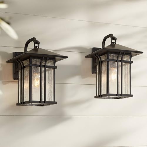 Syon 14"H Bronze and Seeded Glass Outdoor Wall Light Fixture Set of 2