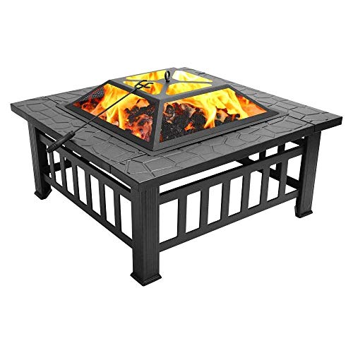 32 Inch Heavy Duty 3 in 1 Metal Square Patio Firepit Table BBQ Garden Oven with Spark Screen Cover Wood Grate and Poker for Wood Burning and Beverage Cooling Outdoors Heating Supplies