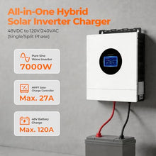 AuraSolar 7000W Hybrid Solar Inverter 48V DC to 120V/240V AC Split Phase, Pure Sine Wave Inverter Built-in MPPT 120A Charge Controller, Power Converter for Home Backup Off Grid Solar System