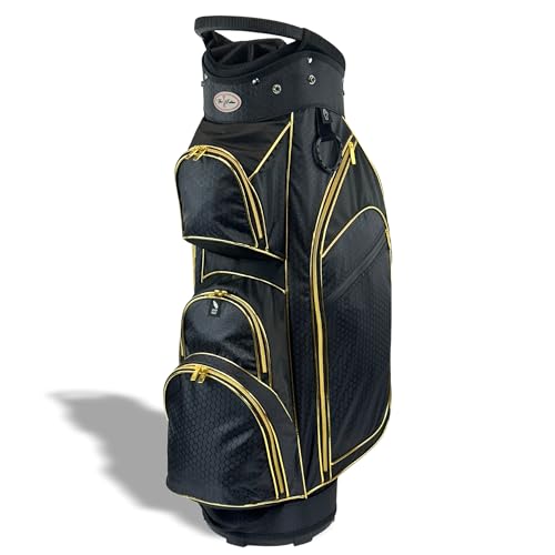 Taboo Fashions Women's Golf Bag Lightweight Ladies Cart Bag 14-Way 7 Zippered Pockets Rain Hood Insulated Beverage Compartment Black Gold
