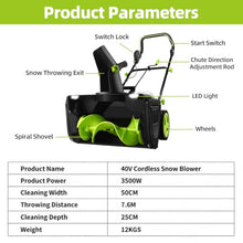 Driveway Snow Removal Tool, Cordless Electric Snow Blower 40V Lithium Battery Powered,3500W Brushless Motor, 50cm Clearing Width, 25cm Depth, 7.6m Throw Distance 4Batteries