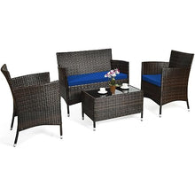 DUYHBAWRS 4PCS Patio Rattan Furniture Set Solid Wood Leg Cushioned Sofa Garden Lawn