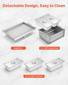 VEVOR Outdoor Propane Griddle, 3 Burners (11,600 BTU Each), Commercial Stainless Steel Griddle with Two 1/3 Size Food Warming Pans, Portable Cart with 4 Lockable Wheels, for Hot Dogs, Burgers & Meats