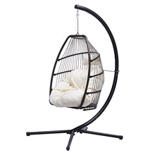 Hanging Rope Swing Seat Patio Wicker Folding Hanging Chair with Cushion and Pillow Rattan Swing Hammock Egg Chair with X Type Base and C Type Bracket for Indoor/Outdoor(Black+Beige)