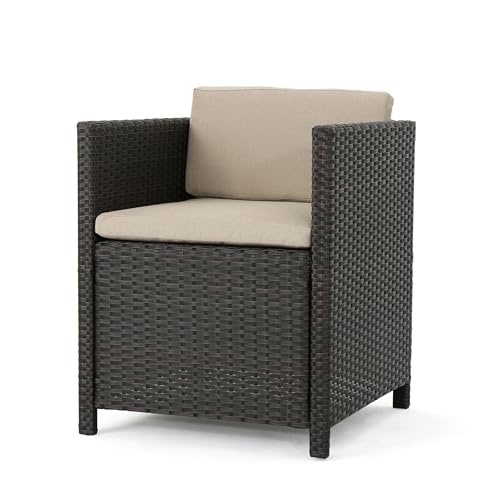 Benzara Outdoor Dining Chair Set of 2 Modern Iron Dark Brown Wicker Brown Beige