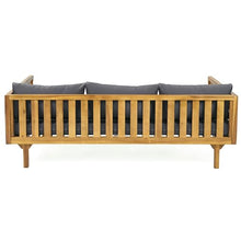 Christopher Knight Home Claremont Outdoor 3 Seater Acacia Wood Daybed with Fabric Water Resistant and Removable Cushions, Patio Garden Sofa with Slat Paneling Armrest and Back, Teak and Dark Grey