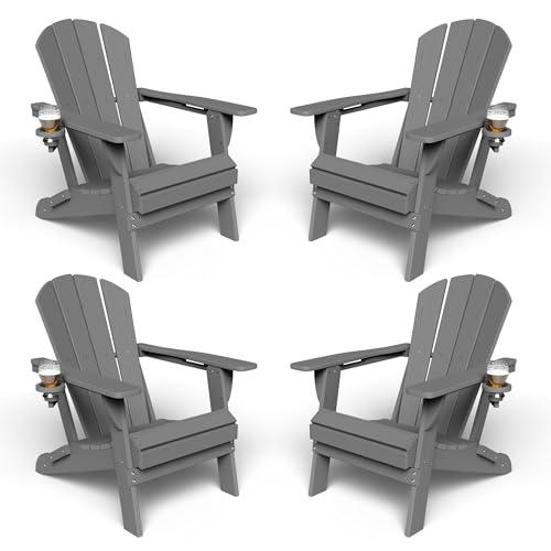 Kingdura Foldable Adirondack Chairs Set of 4, Portable HDPE All Weather Resistant Outdoor Patio Chair, Wooden Textured with Cup Holder, 380LBS Capacity for Poolside, Backyard, Deck, Fire Pit (Grey)