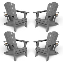 Kingdura Foldable Adirondack Chairs Set of 4, Portable HDPE All Weather Resistant Outdoor Patio Chair, Wooden Textured with Cup Holder, 380LBS Capacity for Poolside, Backyard, Deck, Fire Pit (Grey)