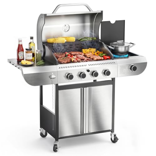 Electactic 4-Burner Gas Grill with Side Burner, Stainless Steel Propane Grill with Built-In Thermometer, 42000BTU BBQ Grill for Outdoor Cooking, Patio and Backyard Barbecues