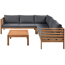 Merax Outdoor L Shaped Sofa with Coffee Table & Armrest & Beige Cushions, Strong Wood Structure Exotic Patio Furniture Set Water-Resistant, for Garden Balcony Poolside (Gray)