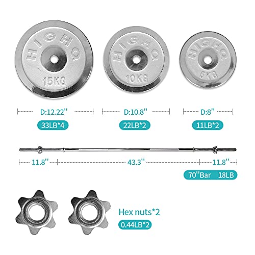 SimpleL Barbell Weight Set with Bar 210-Pound Adjustable Chrome Cast Plates Silver