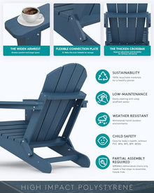 SERWALL Folding Adirondack Chair Set of 4 with Cup Holder for Fire Pit-Blue