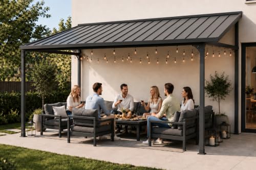 Patio Kingdom 8x10 FT Lean to Gazebo, Wall Mounted Hardtop Pergola with Sloping Galvanized Steel Roof, Large Heavy Duty Outdoor Patio Canopy Awning for Backyard, Deck, Porch, Gray