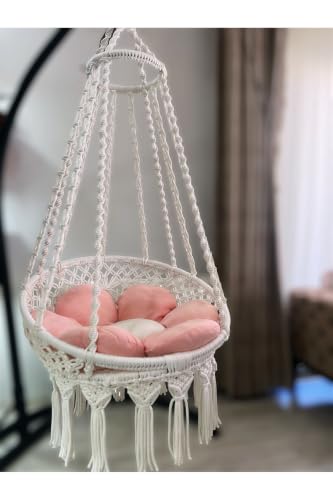 Macrame Swing Chair White Cotton Rope 31.5 x 23.6 inches Seat 63 inches Height Modern Indoor Outdoor Hanging Seat for Adults Single Person Use - White