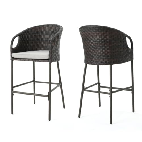 Hassyee Premium PE Rattan Outdoor Bar Stools w/Iron Frame for Garden, All Weather Bar Height Pub Chairs w/Padded Seat for Balcony, 31" Patio Bar Chairs w/Curved Backrest for Deck, Cafe, Set of 2