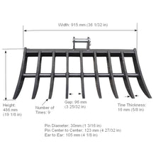 Wallemac Land Clearing Root Rake 36" for Bobcat Mini Excavator Dark Grey