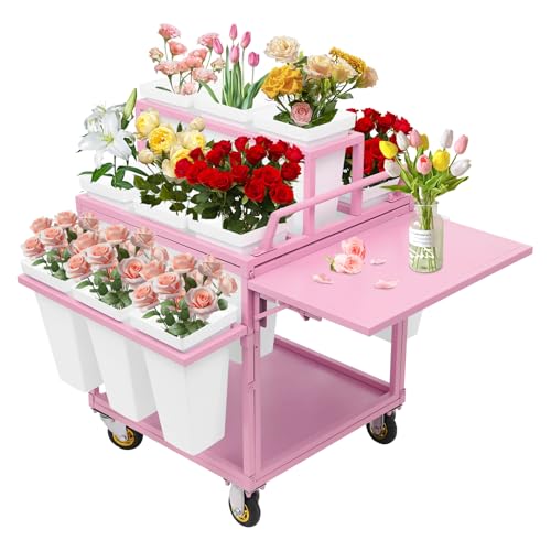 Metal Garden Cart with 18PCS Buckets, 6 Tier Mobile Flower Display Stand, Movable Flower Shop Plant Display Stand w/Foldable Workbench for Florist, Patio Garden, Party, Night Market (Pink)