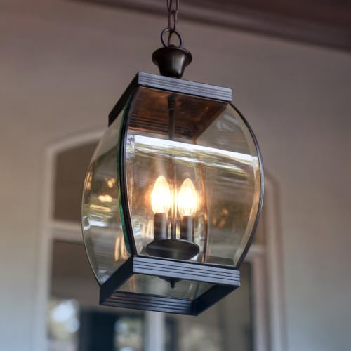 Urban Ambiance Luxury Colonial Outdoor Pendant Light, Large Size: 20.5" H x 9" W, with Transitional Style Elements, Bowed Design, Gorgeous Dark Medieval Bronze Finish and Beveled Glass, UQL1176