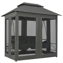 Outdoor 3-Person Convertible Swing Bench with Canopy, Anthracite Powder-Coated Steel Patio Bed, Backyard Garden Lounge Chair with Curtains and Pillows