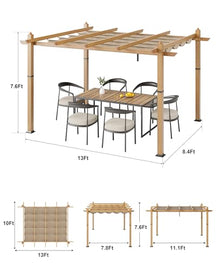 Takywep 10x13Ft Outdoor Pergola with Retractable Canopy, Upgraded Aluminum Faux Wood Grain Patio Pergola, Functional Grape Trellis Design, for Modern Backyard, Deck, Porch, Khaki