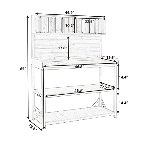 AMNOOL 65 Inch Large Wooden Farmhouse Antique Outdoor Potting Bench Patio Work Station Garden Potting Bench with 4 Storage Shelves and Side Hooks for Garden Patio Backyard, Green