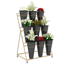 XAWSOP Flower Display Stands with Flower Buckets, Movable Plant Cart Shelf Cut Flowers Container Shelf, Metal Mobile Florist Bouquet Stand for Flower Shop,Gold Frame Black Bucket-75×50×110cm