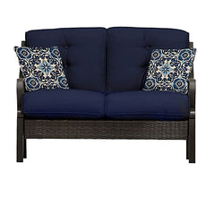 Hanover Ventura Outdoor 4-Piece Patio Furniture Set with Loveseat, 2 Rocking Chairs, Navy Cushions and Ceramic Tile Coffee Table Navy