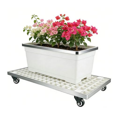 Jidanmian Heavy Duty Plant Stand with Wheels, Rectangular Planter Trolley, Metal Dolly Rolling Plant Stand for Large Pots, Planter Box Base, for Courtyards, Gardens, Balconie,White(61x42cm)