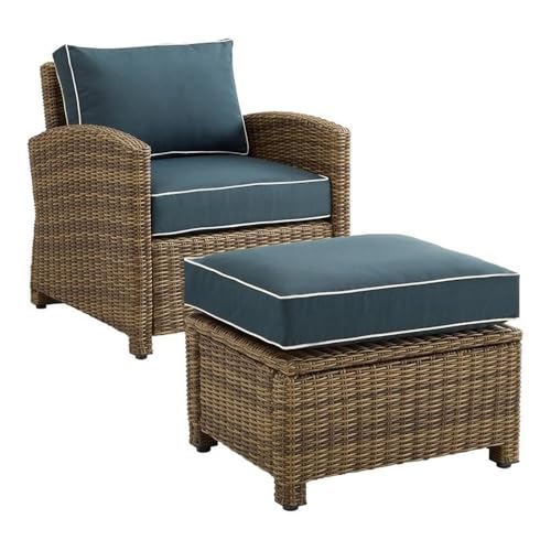 Afuera Living 2-Piece Wicker/Rattan Armchair & Ottoman Set, Navy/Weathered Brown Finish, Powder-Coated Steel Frame, Moisture-Proof Cushions, Handwoven Outdoor Furniture for Patio, Porch, or Balcony